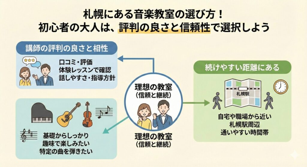 札幌にある音楽教室の選び方！初心者の大人は、評判の良さと信頼性で選択しよう
