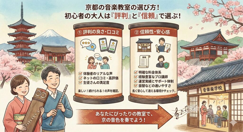 京都にある音楽教室の選び方！初心者の大人は、評判の良さと信頼性で選択しよう