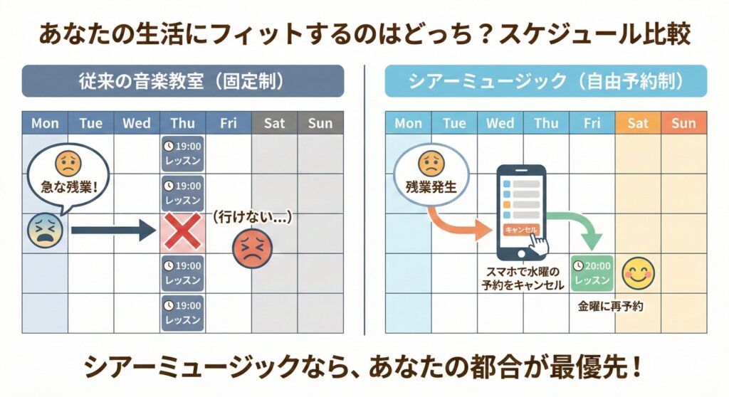 従来の固定制音楽教室とシアーミュージックの自由予約制のスケジュールを比較する図解。シアーミュージックの柔軟な通い方を示しています。