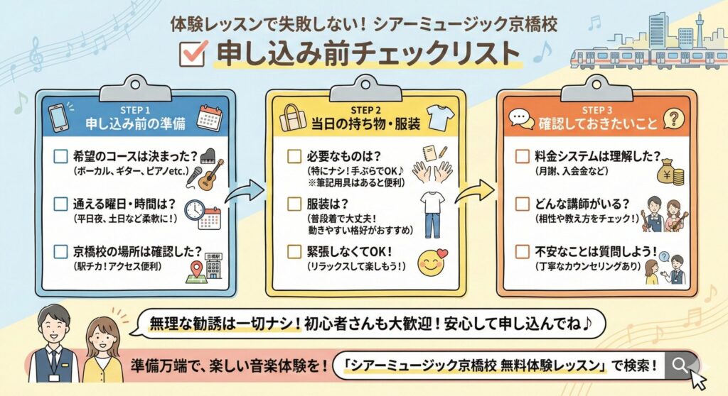 体験レッスンで失敗しない！シアーミュージック京橋校 申し込み前チェックリスト