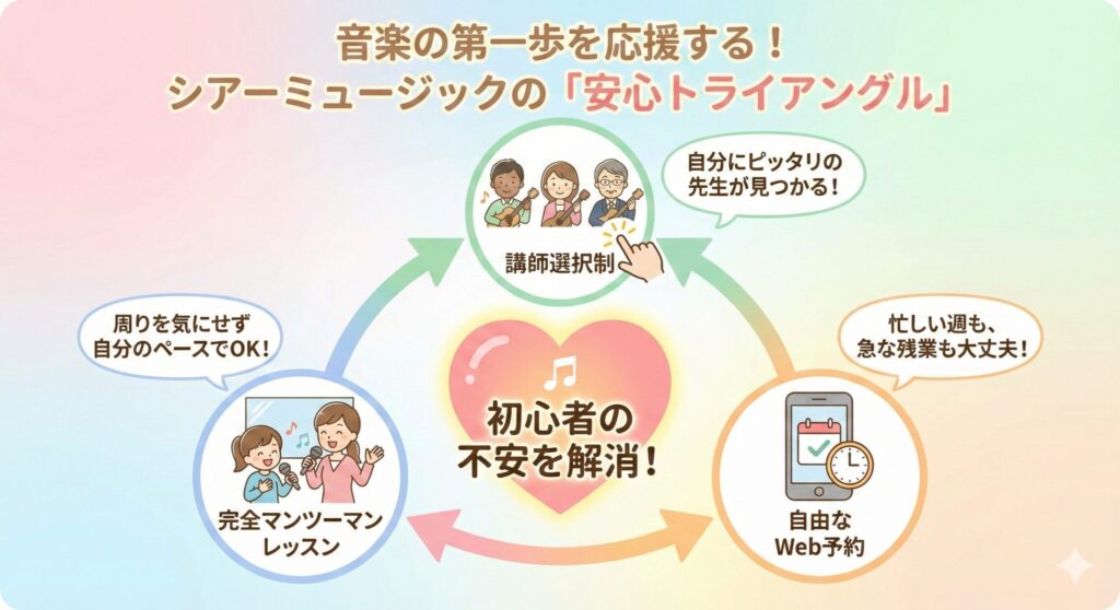 シアーミュージックが初心者に最適な理由を図解したインフォグラフィック。「マンツーマン」「講師選択制」「Web予約」の3つの要素が、初心者の不安を解消する仕組みを示している。