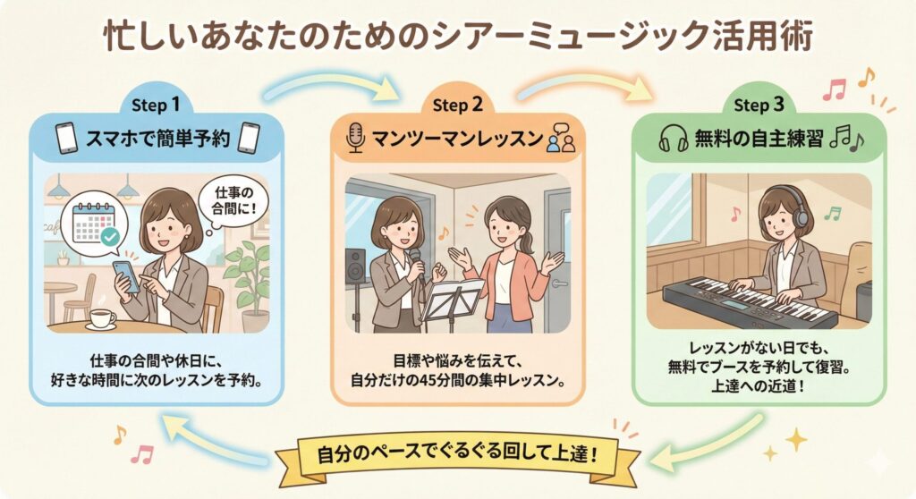 30代女性がシアーミュージックの予約システム、マンツーマンレッスン、無料の自主練習を活用して上達していく流れを示したイラスト。