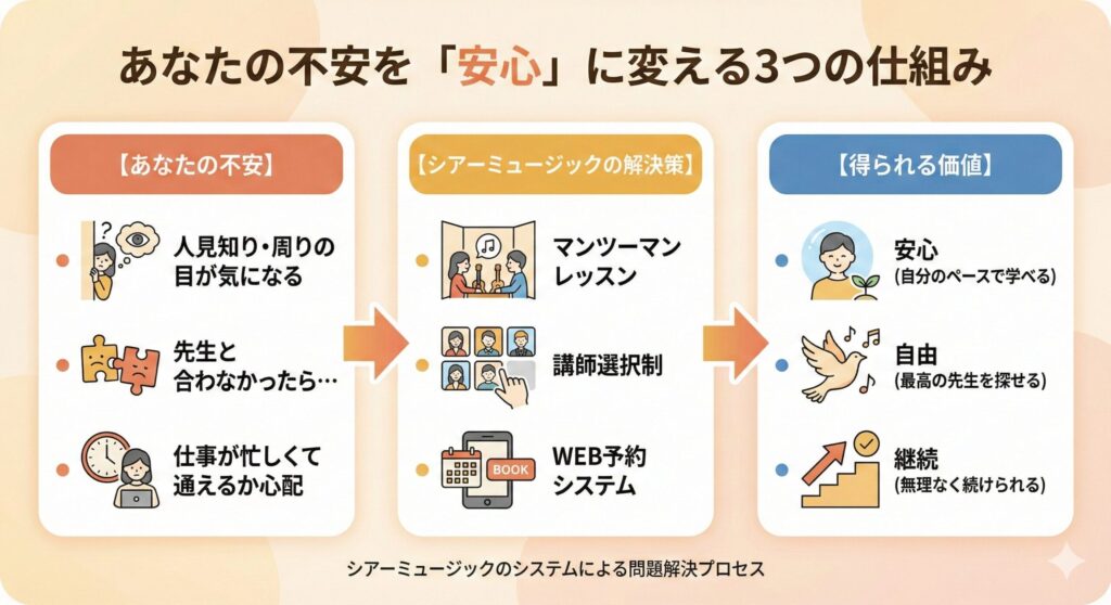 シアーミュージックの3つのシステム（マンツーマン、講師選択制、WEB予約）が、利用者の不安を安心、自由、継続という価値に変えるプロセスを図解。