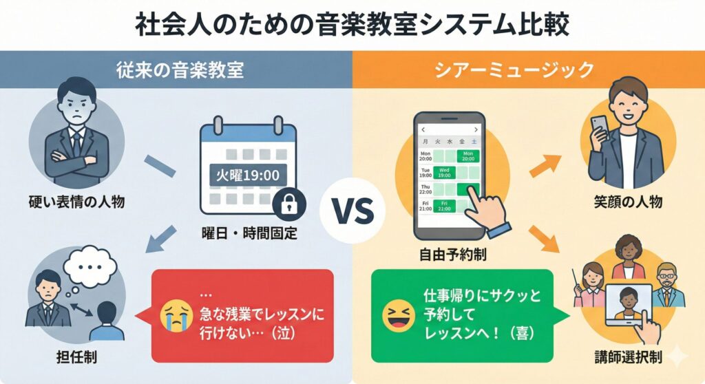 従来の音楽教室とシアーミュージックのシステム比較図。シアーミュージックの自由予約制と講師選択制のメリットを示しています。