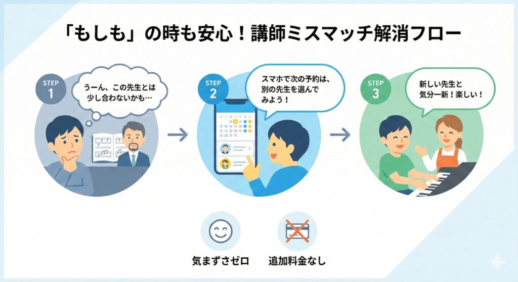 シアーミュージックの講師指名制度の仕組み。相性が合わない講師がいても、スマホで簡単に別の講師を予約し、安心してレッスンを続けられる流れを示した図。