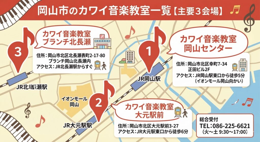 岡山市にあるカワイ音楽教室一覧【主要３会場】