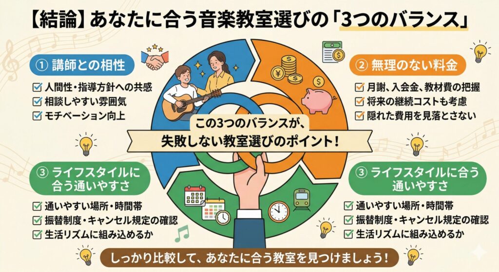 【結論】「講師との相性」「無理のない料金」「ライフスタイルに合う通いやすさ」という3つのバランス
