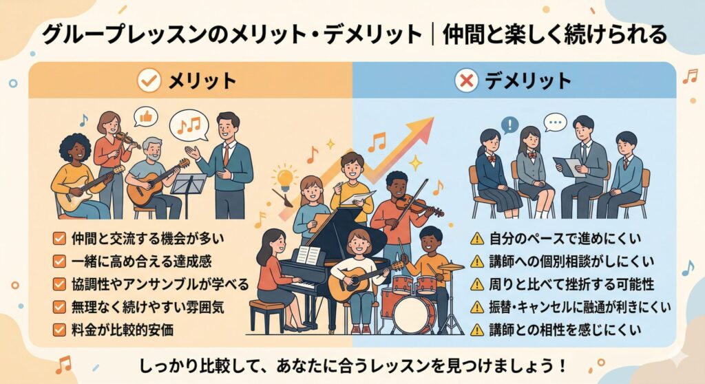 グループレッスンのメリット・デメリット|仲間と楽しく続けられる