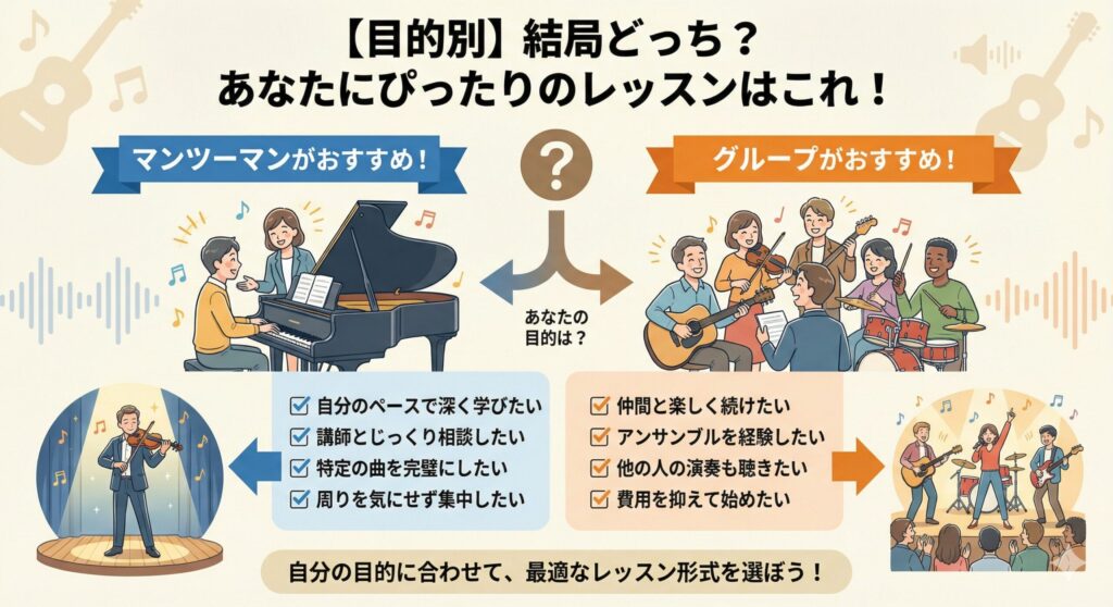 【目的別】結局どっち?あなたにぴったりのレッスンはこれ!