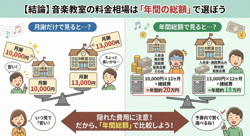 【結論】音楽教室の料金相場は「年間の総額」で選ぼう