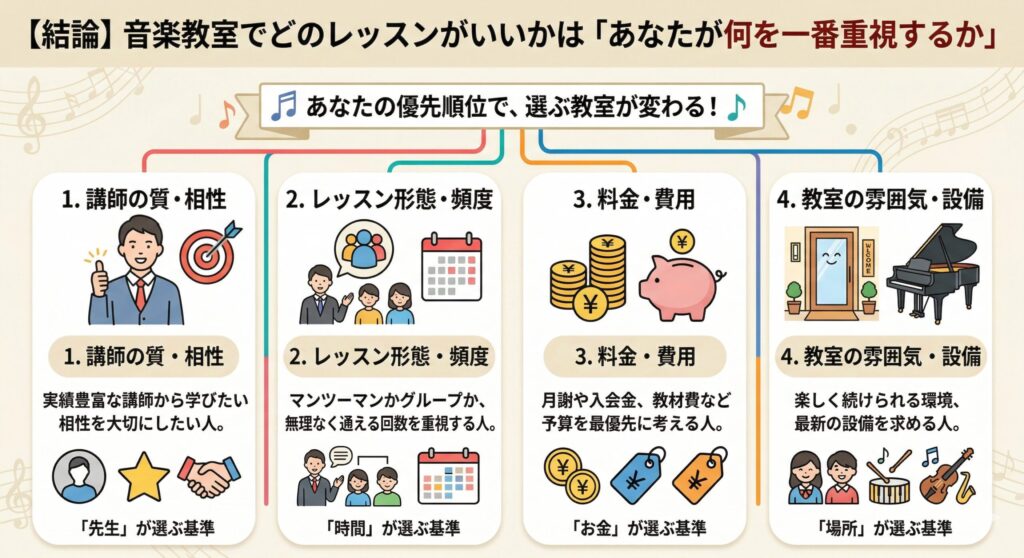 【結論】音楽教室でどのレッスンがいいかは「あなたが何を一番重視するか」