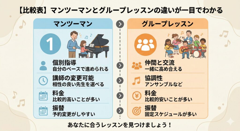 【比較表】マンツーマンとグループレッスンの違いが一目でわかる