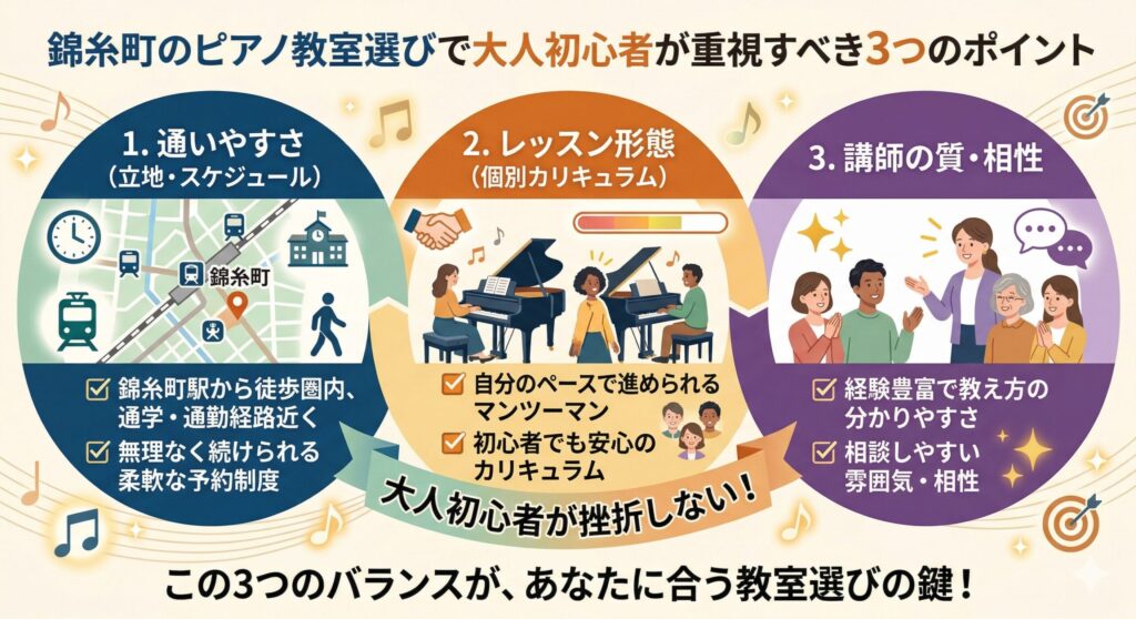 錦糸町のピアノ教室選びで大人初心者が重視すべき3つのポイント