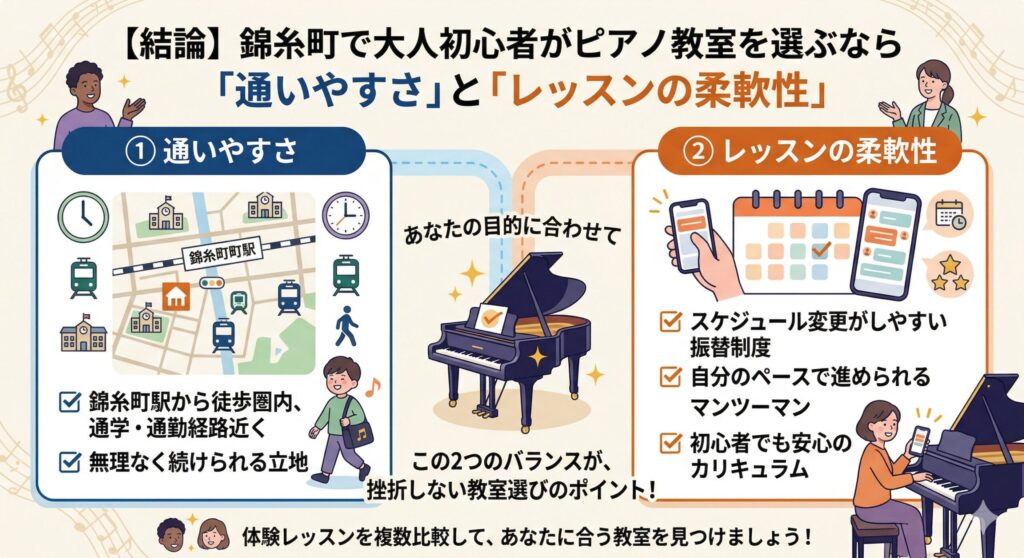【結論】錦糸町で大人初心者がピアノ教室を選ぶなら「通いやすさ」と「レッスンの柔軟性」